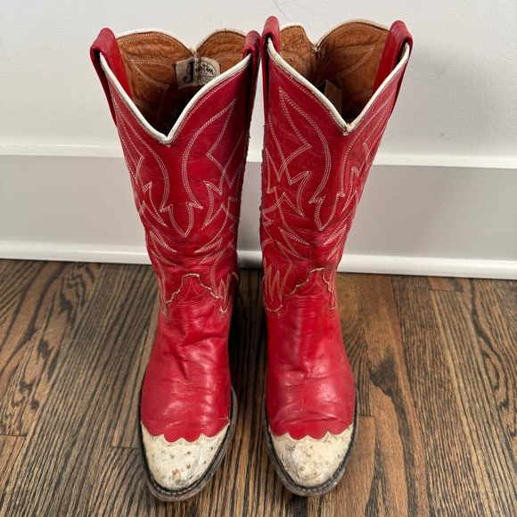 Vintage 1970s Justin Boots red and white leather western boots size 5.5 - Picture 2 of 9